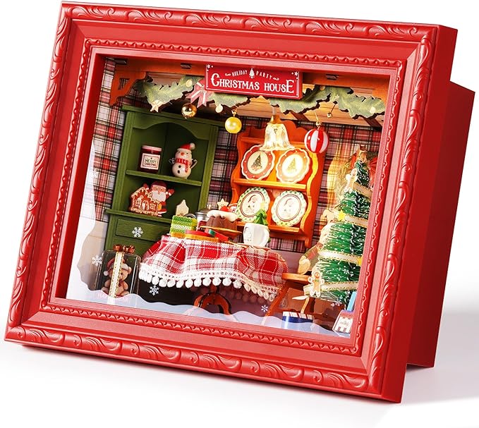 Rolife 3D Diorama Frame, Wall-Mounted Shadow Box & Dollhouse Display Case for & Christmas Decor, Quick-Build Unfinished Kit, Halloween Memorial Gift for Families (Christmas Eve Party)