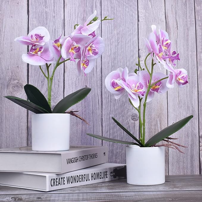 XONOR Artificial Orchid Flowers, 2 Pieces Potted Fake Orchids with Plastic Vase for Table Centerpiece Home Decor Office Wedding Party Decoration