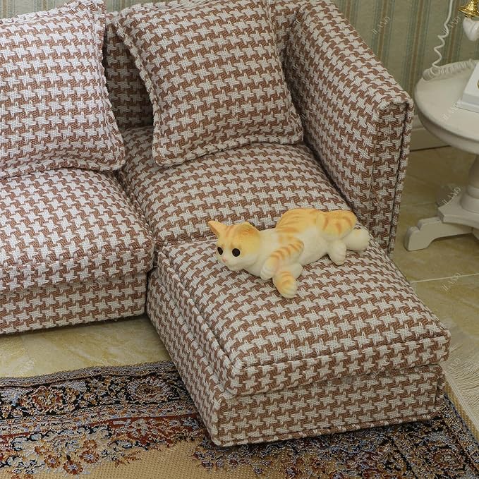 iLAND Dollhouse Furniture Miniature Sectional Couch Set for Doll House Décor Fit 1/12 Scale Accessories, Modern Brown Houndstooth Sofa Timeless & Classic