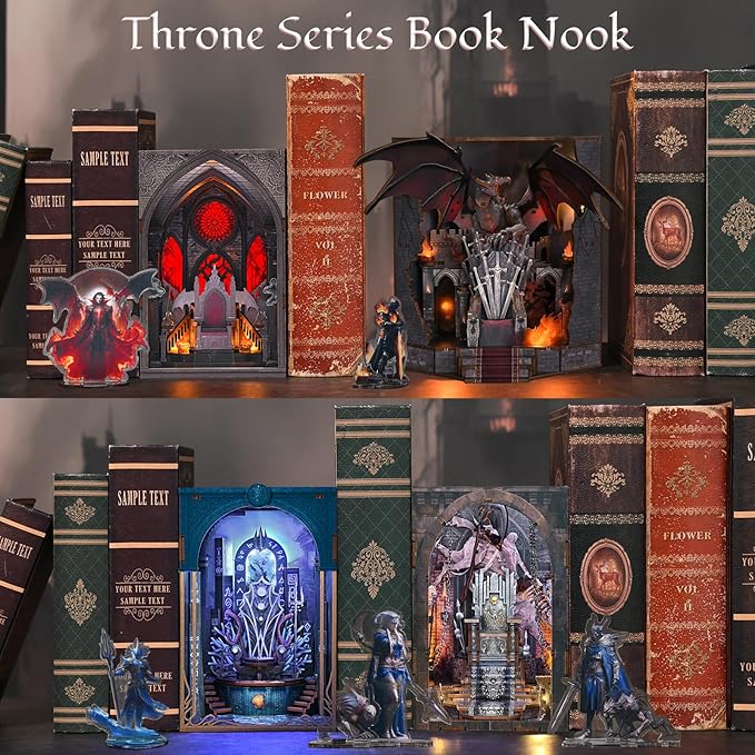 DIY Book Nook Kit Miniature House Dollhouse Kit, Book Nook Kits for Beginners, 3D Wooden Puzzle Booknook Bookend Bookshelf Decor Model Build with Dust Cover (Throne of Blades)