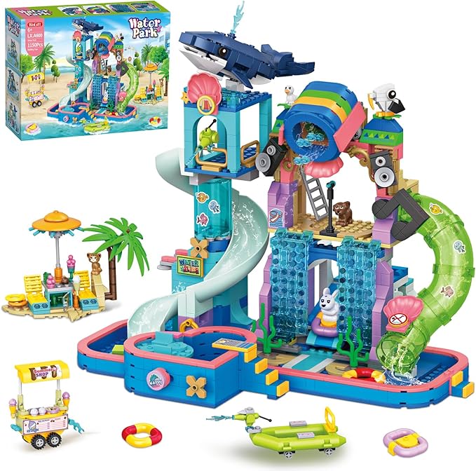 1150Pcs Friends Water Park Building Set, STEM Summer Fun Party Toy with Swimming Pool Slides,Water Canons,Diving Platform,Animal, Pretend Play Kit for kids, Birthday Gifts for Girls Ages 6-12+