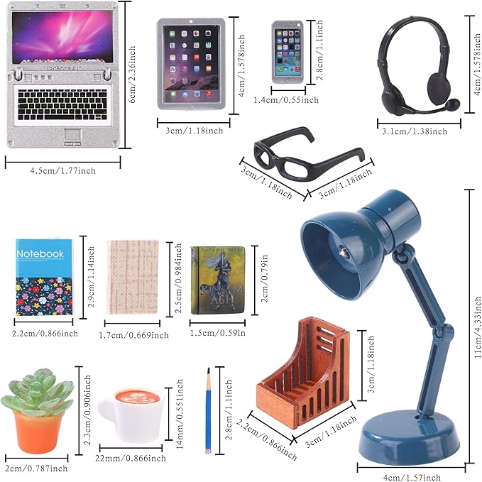 DIYDEC 17pcs Dollhouse Laptop Accessories 1:12 Scale Miniature Laptop Computer Tablet Phone Book Coffee Headset Pen Tiny Stuff Doll House Miniatures Play Figurines Accessories