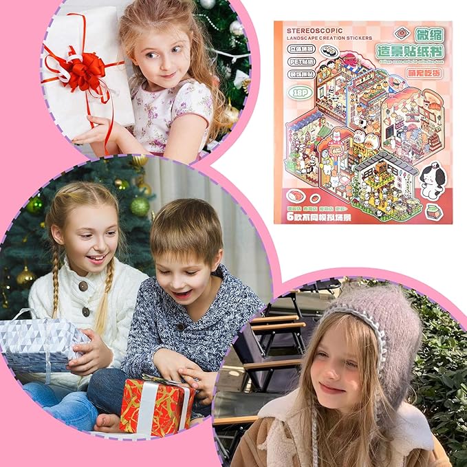 DIY Mini Fun 3D Animal House Scene Stickers Book with Tweezers Make Your Own Bakery Restaurant Teahouse Shop Sticker Scenes Cute Micro Stickers for Relief Stress Pass The Time(6 Designs)