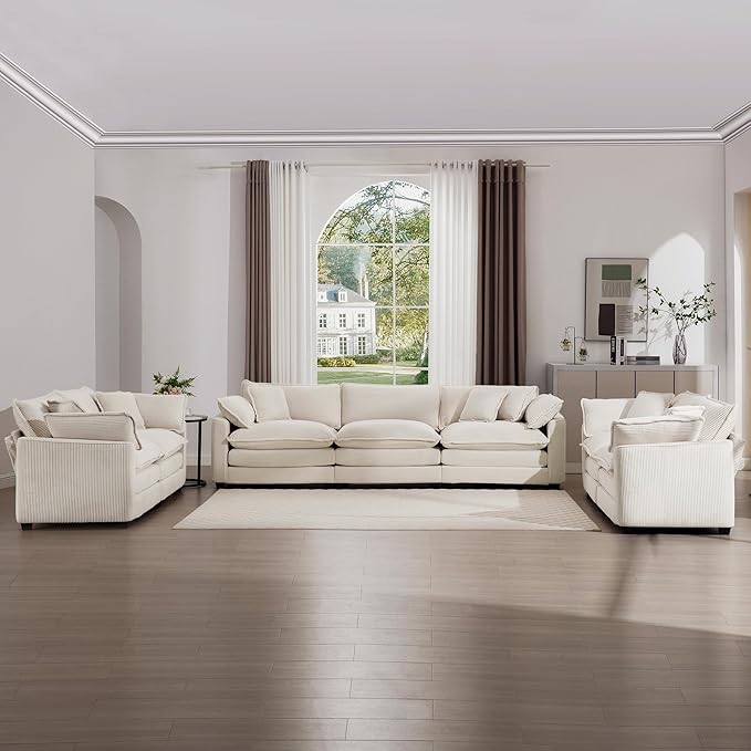 KEIKI 3-Piece Sofa Set with 1 Oversized Corduroy 3-Seater Sofa & 2 Loveseat Sofa, Upholstered 7-Seater Couch Set with 13 Pillow, High-Density Foam Cushions, Removable Armrests, for Living Room, Beige