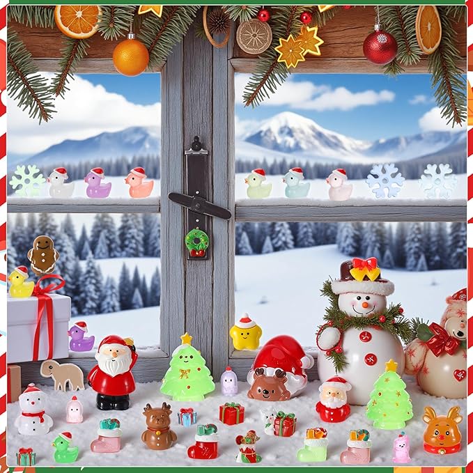 47PCS Mini Christmas Luminous Figurines Christmas Resin Miniatures Glow in The Dark Tiny Figures to Hide Small Snowman Figures for Xmas Goodie Bag Mini Presents for Crafts