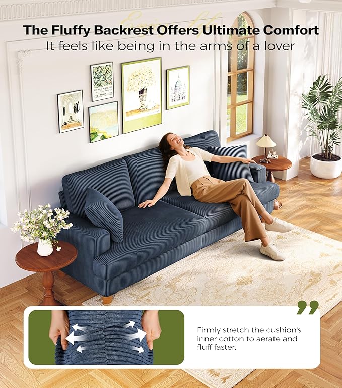 Kidirect 87in Corduroy Couch, Sofa No Tool Assembly, Comfy Couches for Living Room 21in Deeper Seats, Corduroy Sofas for Living Room with 2 Pillows, Oversized Loveseat Sofa, Boho Love Seat Blue Couch