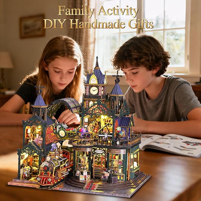CRIOLPO DIY Miniature Dollhouse Kit: Dollhouse Kit for Adults Teens - 3D Wooden Puzzles mini House Building Kit with LED Light - Gifts for Family Friends (Rail-tracksecluded City)