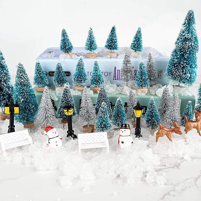 BOUBONI Mini Christmas Tree 35PCS Christmas Village Sets with Crafts Reindeer Snowmen Benches Street Lamp for Xmas Decorations Indoor Party Home Table Craft (Dark Green, Silver)