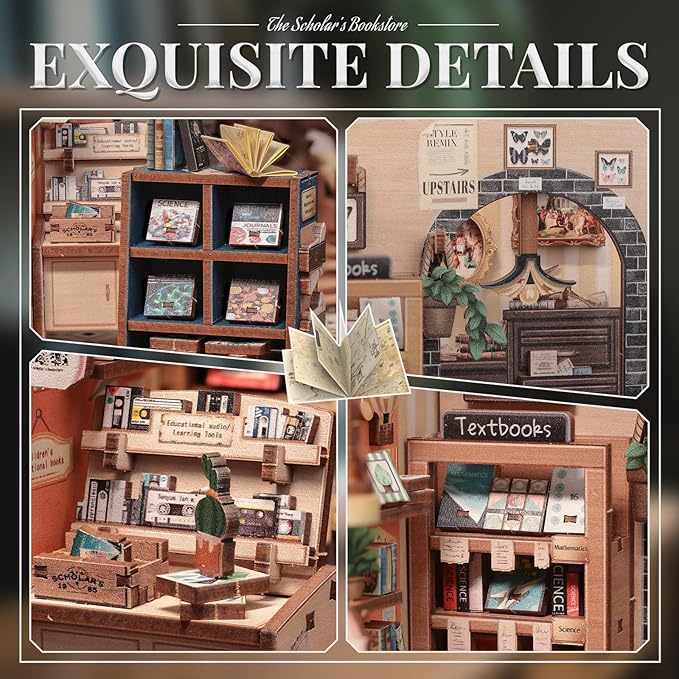 Cutefun Book Nook Kit - DIY Miniature Dollhouse Kit 3D Creative Decorative Bookend 3D Wooden Puzzle for Adults, Bookshelf Insert Library Decor with LED Light (The Scholar's Bookstore)
