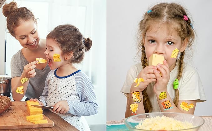 PIBIPAID 240 Cheese Tattoos Temporary Stickers Cheese Party Supplies Decorations Camping Themed Birthday Baby Shower Party Tattoos