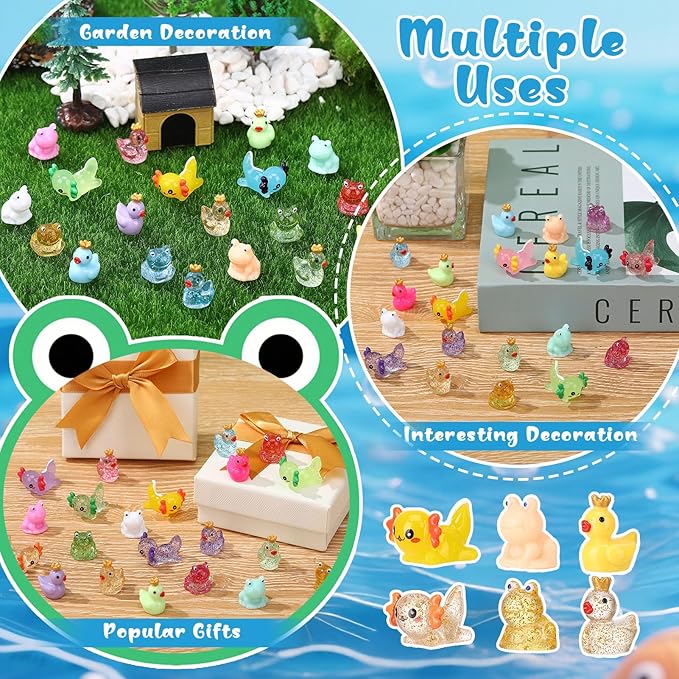 150pcs Mini Resin Animals, Miniature Animal Figurines to Hide, Tiny Resin Crown Ducks, Axolotls, Frogs for Party Favors Bag Fillers Dollhouse Decor(6 Styles)