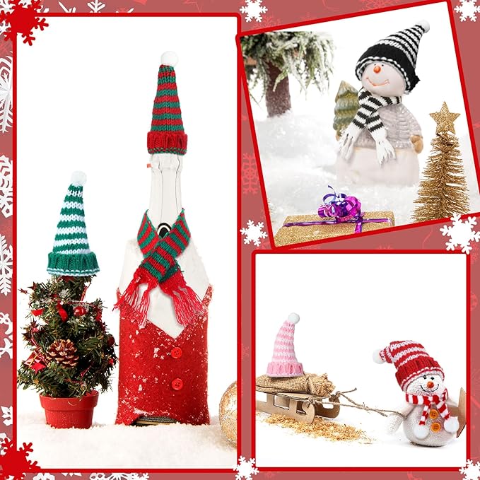 Geyoga 16 Pcs Mini Knit Doll Hat Valentines Day Small Santa Hat for Craft Winter Mini Snowman Hats and Scarf Tree Ornaments Snow Stripe Heart Wine Bottle DIY Decor Gifts
