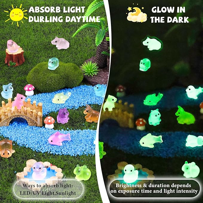 150PCS Random Mini Resin Animals Tiny Figurines Glow in Dark, Miniature Figures to Hide, Little Animal Small Accessories for Topper Garden Dollhouse Landscape Aquarium Ornaments Crafts & Decor