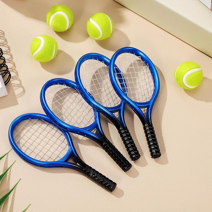 Toddmomy 1:12 Mini Tennis Racket and Ball Set, 8 Sets Miniature Tennis Kit Cake Topper Dollhouse Toy Dollhouse Decor DIY Sports Accessories