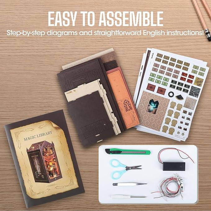 Book Nook Kit – Library Theme DIY Booknook with LED Lights | Book Nook Kits for Adults, Teens | Beginner-Friendly Nook Book for Home Décor | Perfect Booknook DIY Kit Gift