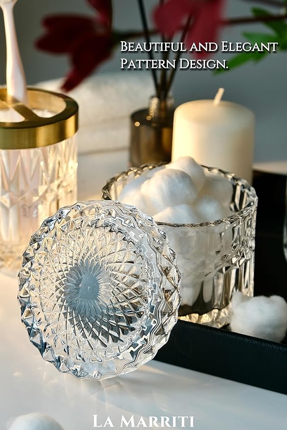 LaMarriti Glass Bathroom Accessories Set, 5pcs Crystal Clear Bathroom Set Accessories, Soap Dispenser, Toothbrush Holder Set, Soap Dish, Tumbler, Qtips Holder for Vintage Bathroom Decor, Gift Set
