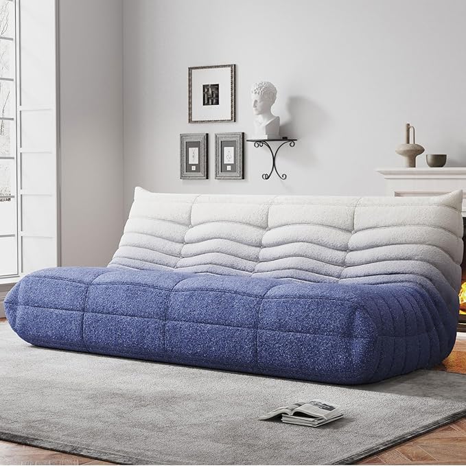 Bean Bag Chairs for Adults, BeanBag Reading Chair Memory Foam Couch 3-Seater, Floor Chair Soft Teddy Material, Comfy Reading Nook Chairs for Bedroom Living Room Office (Blue White)