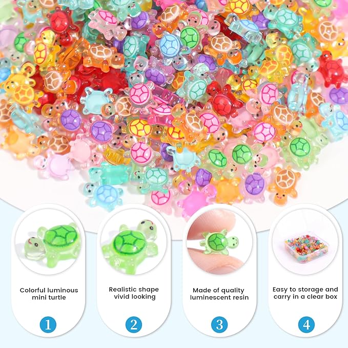 300pcs Mini Resin Turtles Luminous Tiny Turtle for Crafts Dollhouse Miniatures Mini Resin Things Animals for Fairy Garden Micro Landscaping Decoration Home Decor, 10 Colors(0.23 * 0.35inch)