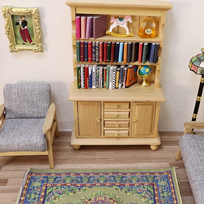 1:12 Scale Miniature Cupboard Bookshelf Classic Wooden Mini Storage Hutch Kitchen Dollhouse Bookshelf Wood Cabinet 1:12 Furniture Display Showcase Decoration Sideboard Accessories (Wood Color)