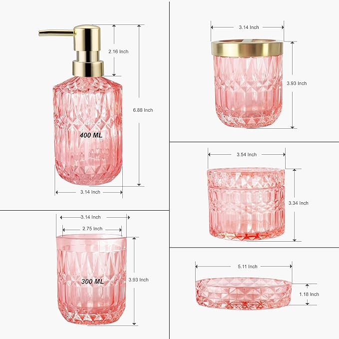 LaMarriti 5pcs Clear Glass Bathroom Accessories Set, Crystal Pink Bathroom Decor Set, Soap Dispenser, Toothbrush Holder Set, Soap Dish, Tumbler, Qtips Holder, Modern Decor for Bathroom, Gift Set