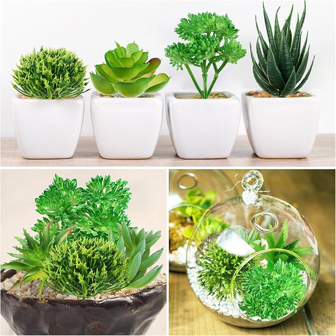 QUOZUO Green Succulent Plants, 6pcs Mini Fake Succulents Plants for DIY Crafting Home Floral Wall Office Decoration (excluding pots)