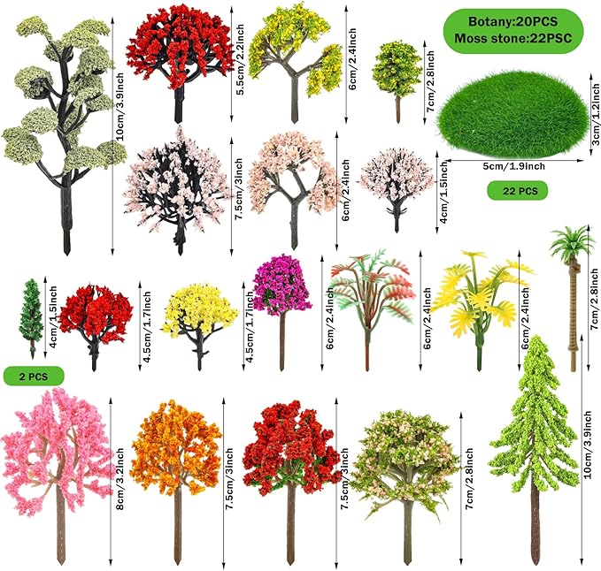 QUOZUO 42Pcs Model Miniature Trees with Moss Stones, Model Train Scenery, Mixed Model Colourful Trees for Building Model, Natural Green Landscape, Railroad Scenery