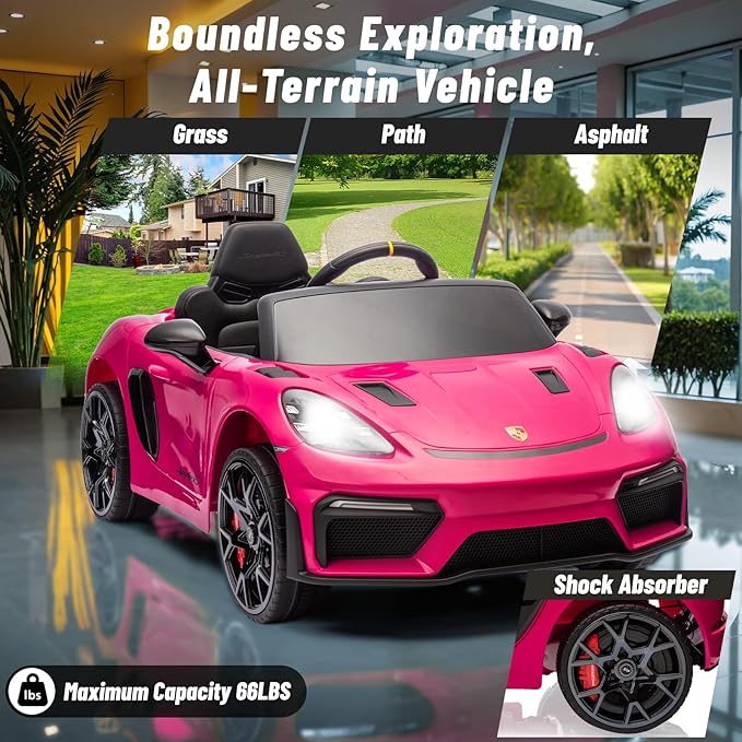 12V Ride on Car Licensed Porsche 718, Kids Electric Car with Remote Control, Front/Rear LED Light, Radio, USB/AUX, Openable Doors, Suspension Function, Durable Tires (Pink)