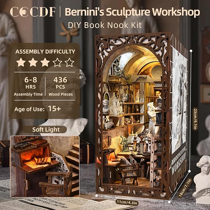 DIY Book Nook Kit, 3D Wooden Puzzle for Adults, Teens, DIY Miniature Dollhouse Booknook Kit Bookend Bookshelf Insert Decor with LED Light (Bernini's Sculpture Workshop)