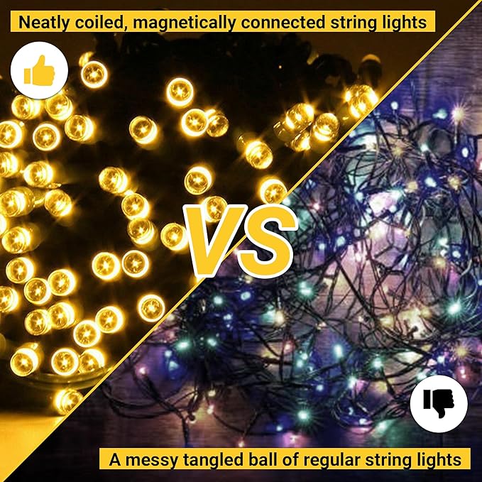 Lightacles Magnetic Christmas Lights - 60ft LED String Lights with Quick Connect - Indoor Plug in - Warm & Bright White - New Years Eve Decorations