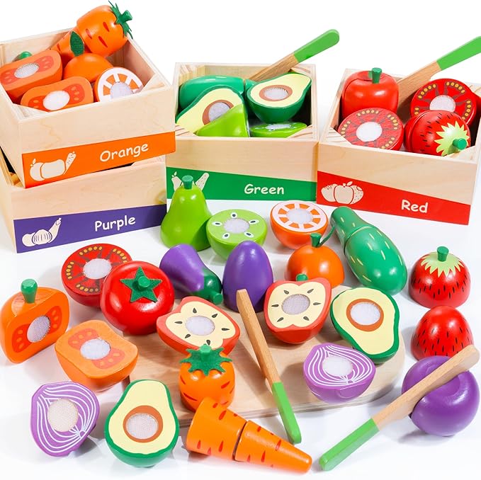 WOODMAM Wooden Play Food for Toddlers, Color Food Groups, Fruit & Veggies Cutting Set, Pretend Play Food Kitchen Accessories for 3 4 5 6 7 Years Old Boys & Girls