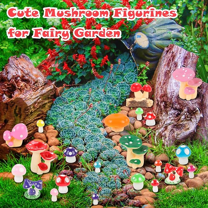 65 Pieces Mini Mushrooms Figurines Colorful Tiny Resin Mushroom Decor for Fairy Graden Craft Fake Mushrooms Moss Landscape DIY Terrarium Cake Topper Party Decoration Home Decor
