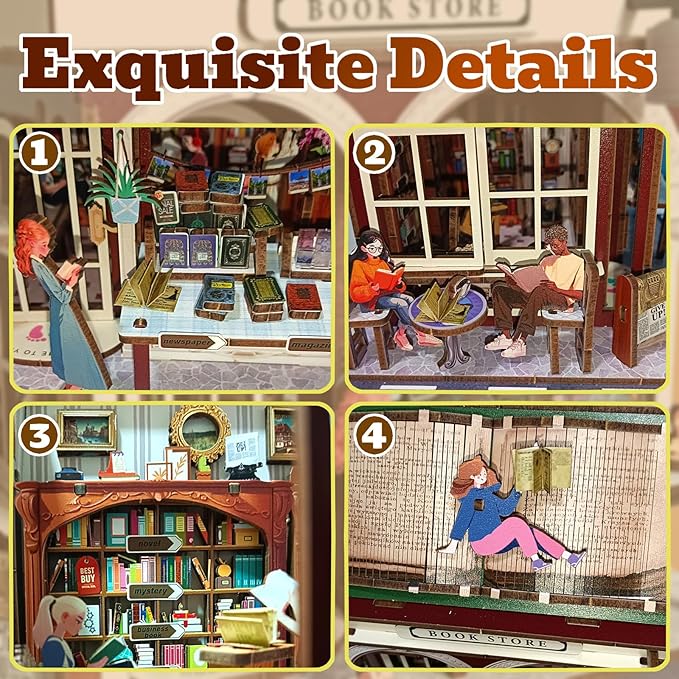 3D Wooden Puzzles Book Nook Kits for Adults Miniature House Building Kits, DIY Tiny Wooden Crafts Model Bookshelf Decor with LED Lights, Gifts for Family, Friends, Christmas(Bookstore)
