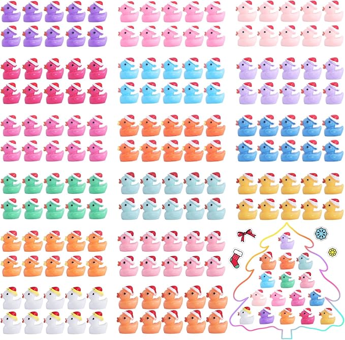 160 Pack Mini Christmas Resin Ducks Plastic Tiny Duck for Garden Micro Landscape Ornament Dollhouse Tiny Figurines Santa Hats for Birthday Party Favors DIY Decoration Craft (16 Colors)