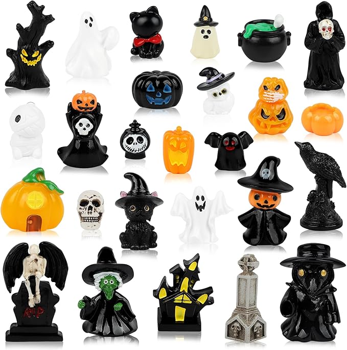 26 PCS Halloween Miniatures Figurines Resin Tombstones Figures Miniature Tombstones Miniatures Skeleton Pumpkin Ghost Ornaments for Halloween Party Favors Fillers Home Tabletop Decor