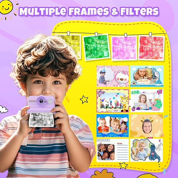 Kids Camera Instant Print, 1080P HD Instant Print Camera for Kids with 3 Rolls Print Paper & 32GB Card, Selfie Digital Camera for Kid, Ideal Kid Toys Gifts for Boys & Girls Age 3-14 (Purple)