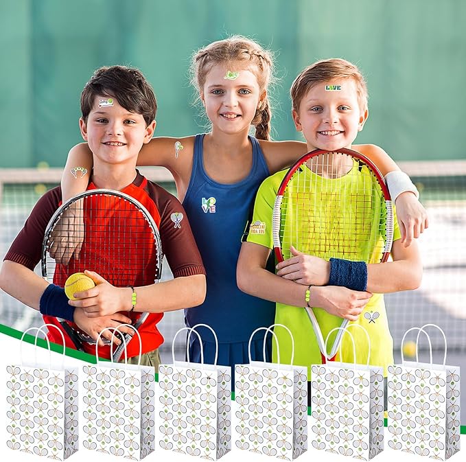 Huquary 98 Pcs Tennis Party Favors, Tennis Party Decorations Includes 50 Stickers 12 Mini Racket Keychain 12 Charm Bracelets Racket Shape Pens Paper Bags