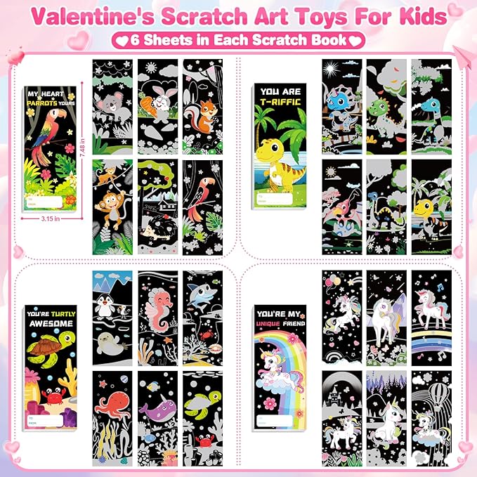 Shemira Valentines Day Gifts for Kids-24 Pack Scratch Art Crafts Notebook Kit with Valentines Cards for Kids, Valentines Day Cards for School Classroom Exchange, Valentines Party Favor Supplies