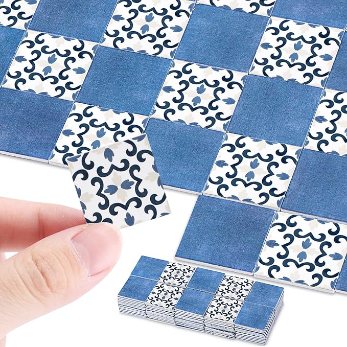 ShinyRelief 120 Pcs Dollhouse Floor Tiles Dollhouse Flooring 1 12 Scale 1 6 Scale Doll House Wallpaper Peel and Stick Miniature Bricks Carpet Double Sided Floor Tile (Floral & Blue Color Marble)