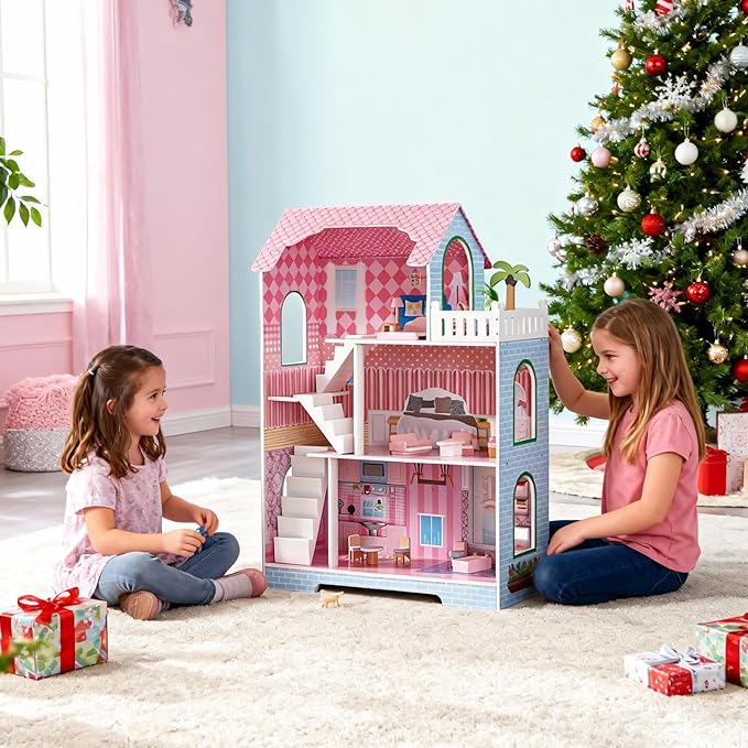 3-Tier Large Wooden Dollhouse with Furniture Set, Modern Kids Playhouse with Roof Window for 5-Inch Dolls, Creative Educational Toy for Girls Boys Ages 3 4 5+ for Imagination & Role-Play Games