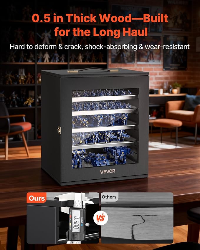 VEVOR Miniatures Storage Case, Fits for 1:1000-1:1500 Scale Models, Wooden Miniatures Display Holder with 5 Tray & 11 Slots, Clear View Miniature Transport Case for Collectibles (Minis Not Included)