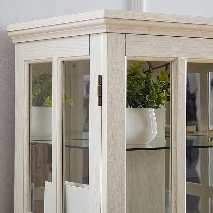 68" H Glass Curio Display Cabinet with Light, 6-Tier Wooden Storage Showcase w/ 4 Glass Doors & Adjustable Shelves, Vintage Accent Cabinet w/Mirrored Back Pane for Home & Office (White)