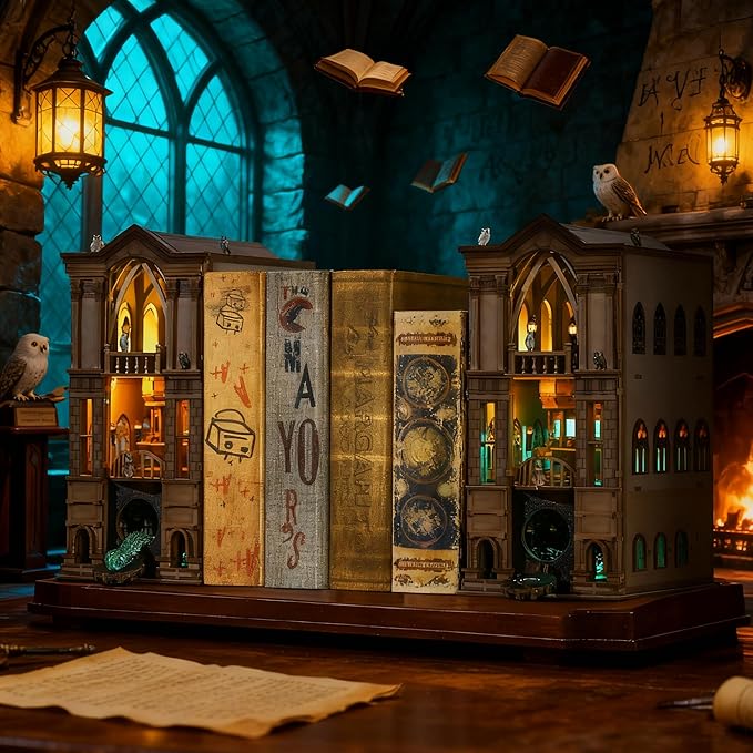 Book Nook Kit - DIY Magic Booknook for Adults & Teens, 3D Wooden Puzzle Bookshelf Insert with LED Lights, Unique Creative Craft Gift for Home Decor & Model Building