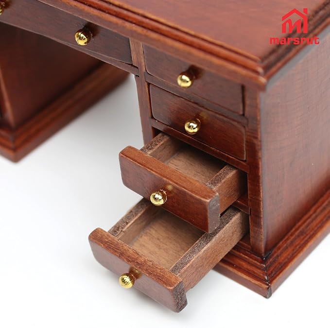 1/12 Scale Wooden Dollhouse Desk and Chair Set, Miniature Office Furniture, Computer Table Accessory, Retro Writing Simulation Pretend Play Doll House Accessories for Photo Props Classroom Scene