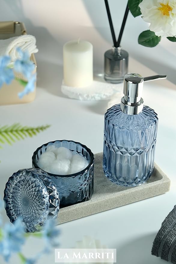 LaMarriti Blue Bathroom Accessories Set, 4Pcs Clear Glass Bathroom Accessories, Lotion Soap Dispenser Set, Toothbrush Holder, Qtips Holder, Soap Dish for Crystal Modern Bath Decor, Set
