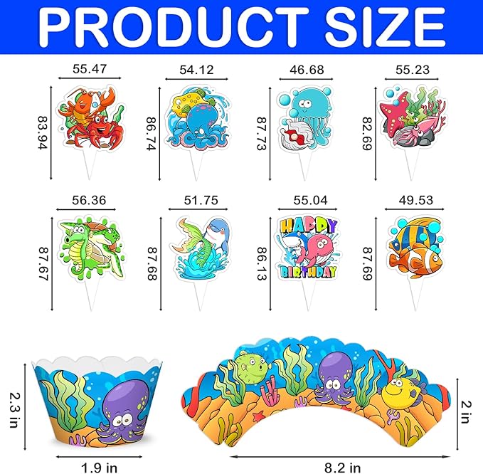 48PCS Ocean Themed Birthday Party Decorations | 24PCS Cupcake Toppers & 24PCS Cupcake Wrappers Party Favors Supplies Sea Animals Centerpiece Table Gifts for Boys Girls Carnival Prizes