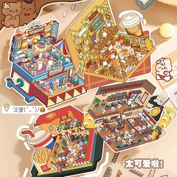 DIY 3D House Stickers Kit - 4 Sets Food Theme & Cartoon Scenes for Adults, Creative Art for Stress Relief, Pass The Time,Home Decoration, Relaxation Gifts