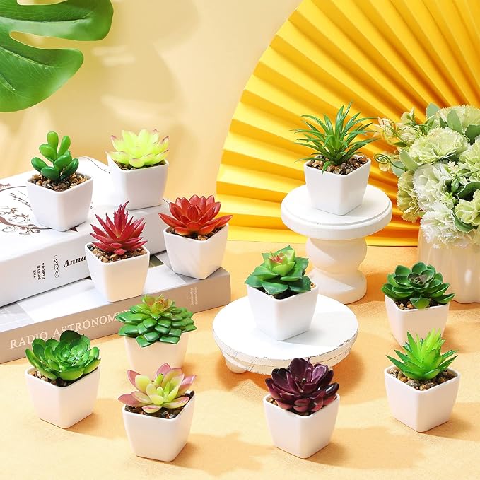 Yunlly 24 Pack Succulents Plants Artificial Mini Fake Succulents in Pots Small Potted Faux Succulent Plants Fake Plants in White Pots for Indoor Home Office Desk Window Bathroom Bedroom Decoration