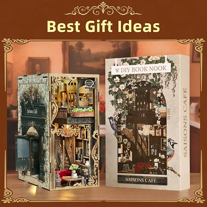 Book Nook Kitwith Dust Cover and LED Light, 3D Wooden Puzzle Bookend Bookshelf Insert Decor for Teens and Adults (Saisons Café)