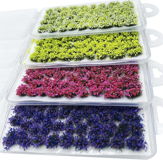 Woohome 4 Pack Miniature Colorful Flower Cluster Self Adhesive Flower Vegetation Groups Static Grass Tufts for Train Landscape Railroad Scenery Sand Military Layout Model