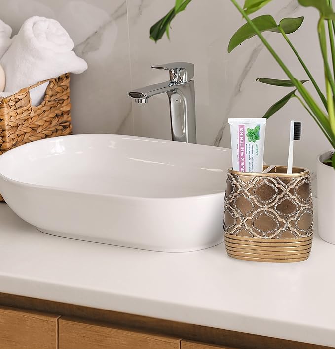 Zahari Home 4pc Spindle Stylish Bathroom Accessories Set Bathroom Soap Dispenser, Tumbler, Tooth Brush Holder and Soap Dish Modern Classic Luxury Contemporary Decor Unique Design Modern Bath Set